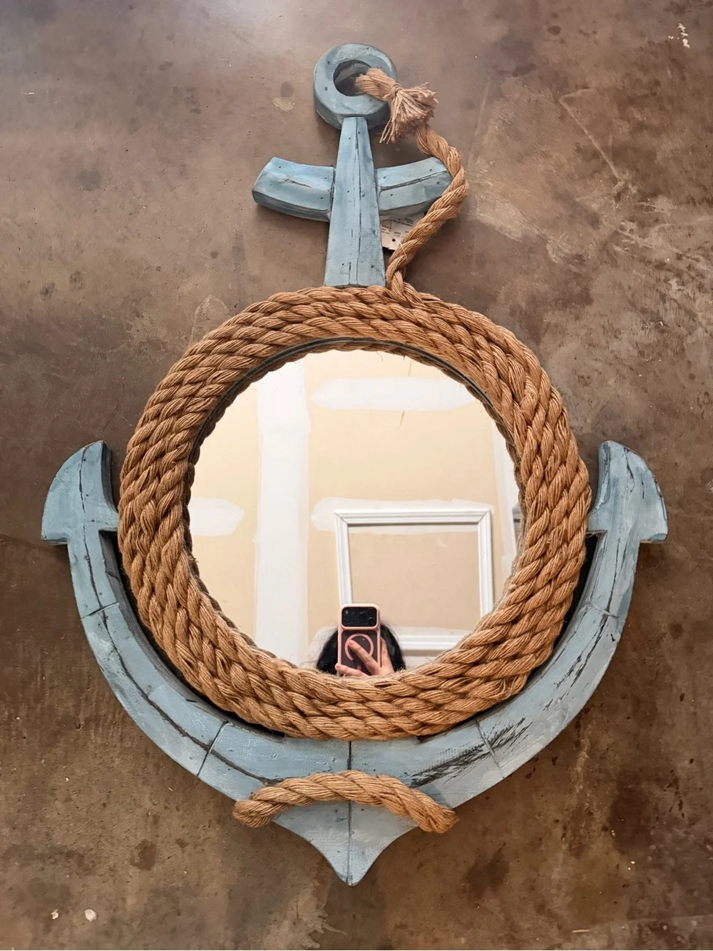 Nautical Distressed Blue Wood Anchor Wall Mirror with Rope Detail